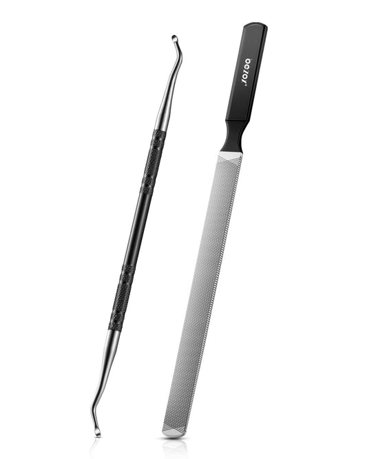 BEZOX Long Metal Nail File, Stainless Steel Fingernail File for Thick and Fungal Nails with Dual-Ended Toenail Lifter – The Ultimate Manicure & Pedicure Tool for Men and Women’s Nail Care - Black