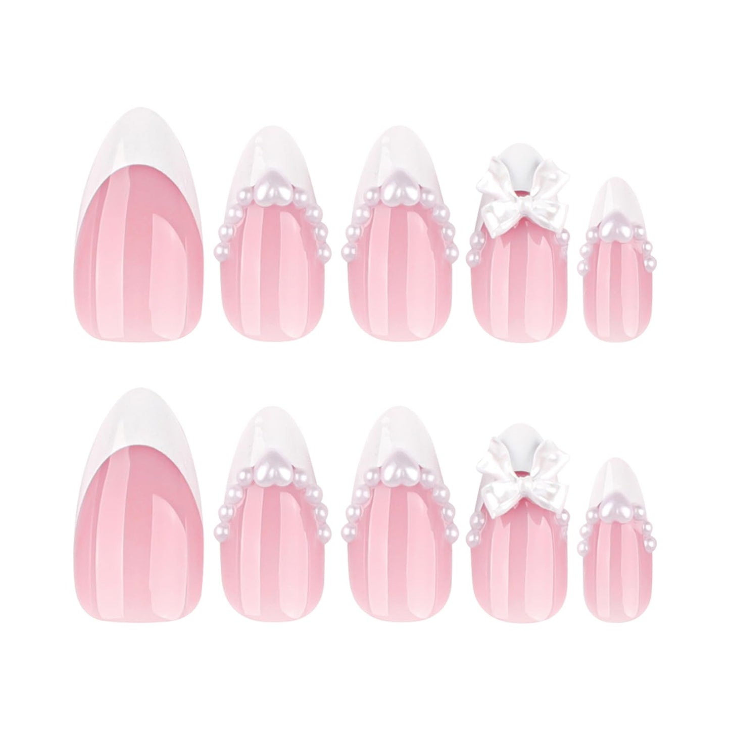 24Pcs White French Tip Press on Nails Medium Fake Nails with Cute Bow Pearl Charms Design,White French Press on Pink Stick on Nail Almond Shaped Acrylic Nail Heart Nails Cute False Nail for Women