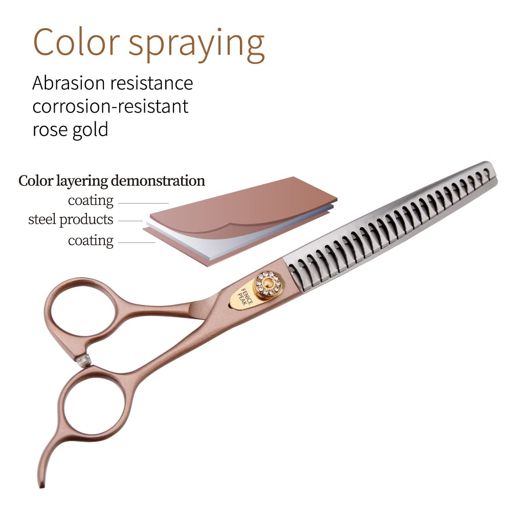 Fenice Peak 7.5‘’ Professional Dog Grooming Scissors Set Rose Gold 440C Stainless Steel Straight Thinning Curved Chunker Shears 4pcs Set for Pet Grooming Services Dogs and Cats
