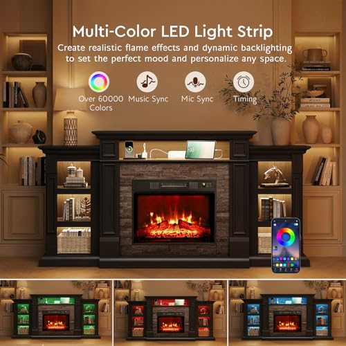 72" LED Fireplace TV Stand with Outlet, Electric Fireplace with Mantel for TVs Up to 80 Inch, Entertainment Center with Storage, Fireplace Heater Insert with 3D Flame Effect for Living Room, Black