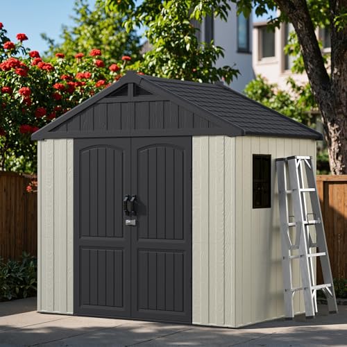 Greesum 8×6 FT Plastic Outdoor Storage Shed with Floor, Resin Sheds with Window and Lockable Door, Weather Resistant Organization, Easy Assemble for Garden, Lawn, Pool Supplies, Beige