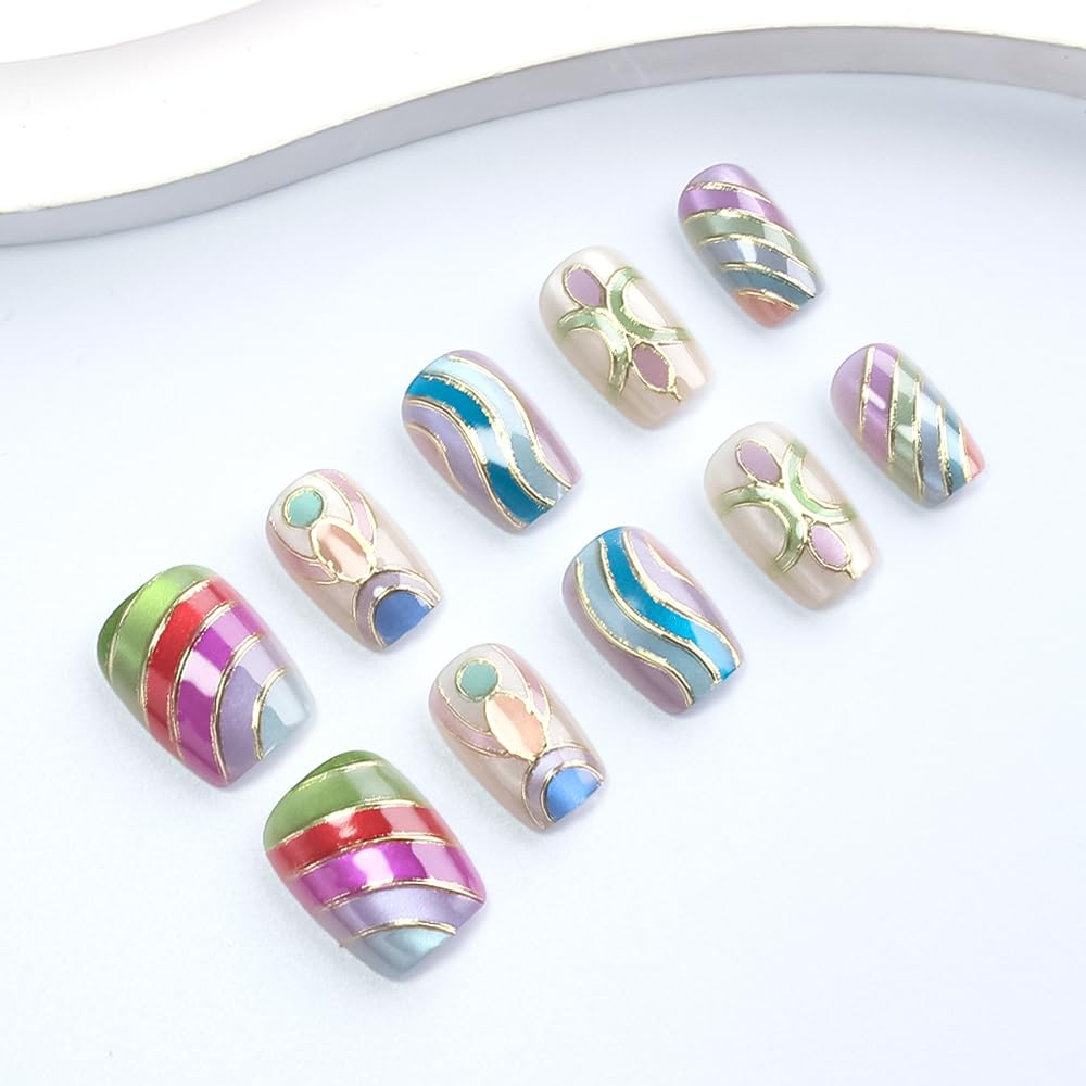 Taoyisent Colorful Abstract Press On Nails Short Square Glossy, Gold Line Art Fake Nails, Reusable Full Cover Stick On Nails for Women Party Vacation Festival Daily Wear, 30PCS