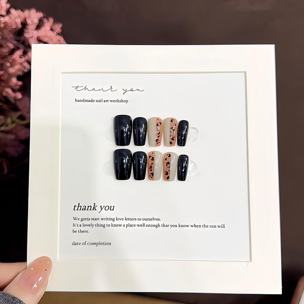 RikView Square Press on Nails Medium Fake Nails Black Nails with Leopard Print Design Glossy Full Cover Nails for Women 30 PCs/Set