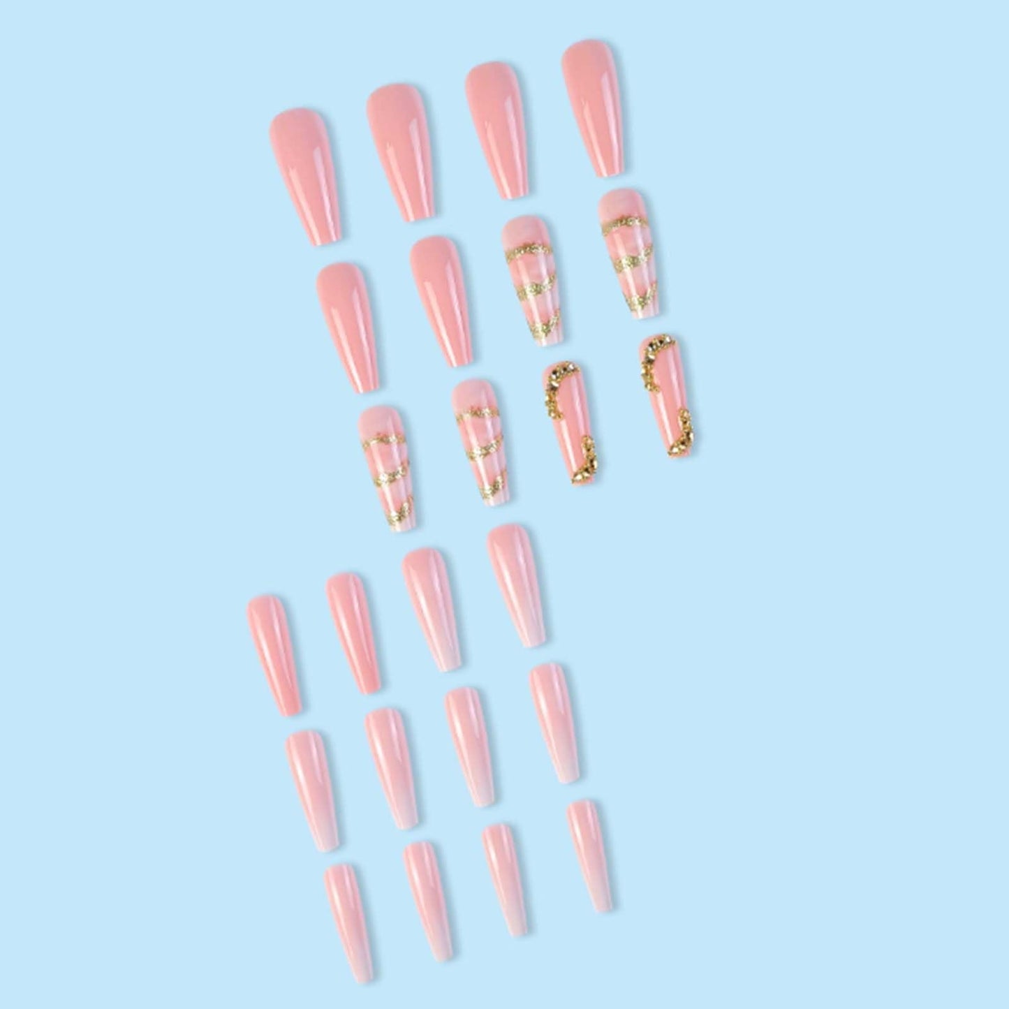 Gifiky Marble Nails Fake Nails Long Coffin Press on Nails Bling Nails Tips Crystal Gem Design Full Cover Gradient False Nails Pink for Women and Girls 24Pcs