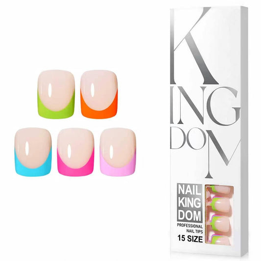 CUZIAM 150Pcs Brighter Pastel French Tip Press on Nails Extra Short Square, 5 Color Neon Rainbow Soft Gel Fake False Nail Set for Women, Glossy Natural Nude Full Cover Stick on Nail DIY Nail Art Kit