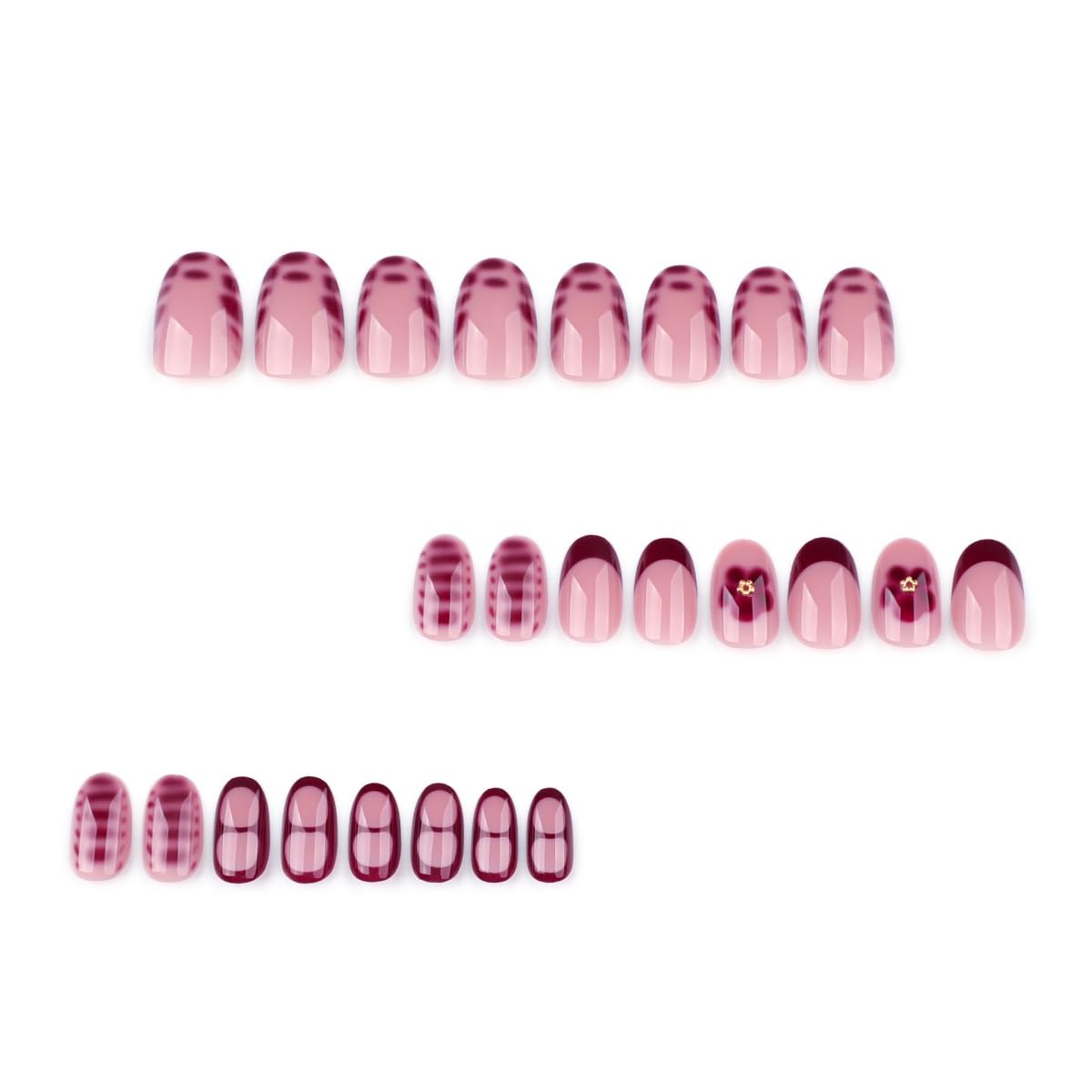 Red French Tip Press On Nails Short Almond Fake Nails with Floral Plaid Pattern Glossy Acrylic Glue On Nails Reusable Nude Burgundy Nail Art for Women