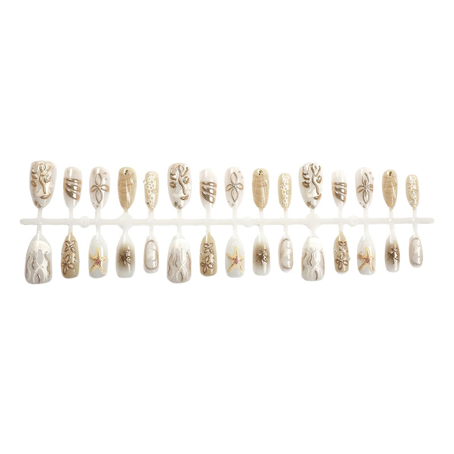 30Pcs Handmade Nails 3D Flower Press on Nails Almond with Ocean Pattern Charms Design French Tip Nail Art Starfish Mermaid Beads Stick on Nails Summer False Nails Medium Nails for Women Manicure