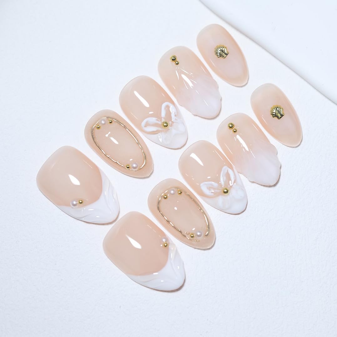 10 Pcs Short Almond Handmade Press On Nails | Nude French Tip with 3D Butterfly Floral Wave & Gold Pearl Shell Accents | Reusable, Easy to Apply & Remove, Salon-Quality Manicure (RR12, S)