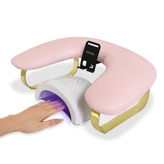 Rotating Phone Holder Nail Arm Rest, PU Leather U-Shaped Hand Stand for Nail Technicians & Manicure Use (pink)