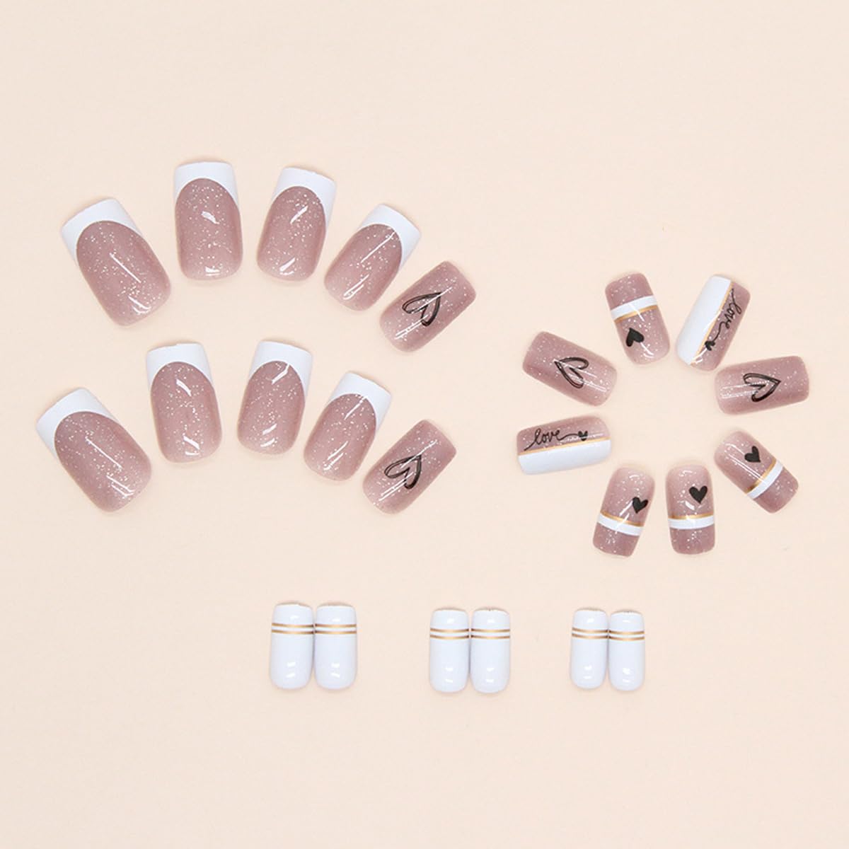 Square Press on Nails Medium French Tips Fake Nails with Glitter Powder Designs Glossy Full Cover Silvery Acrylic False Nails with Black Heart Designs Reusable Glue on Nails for Women 24PCS