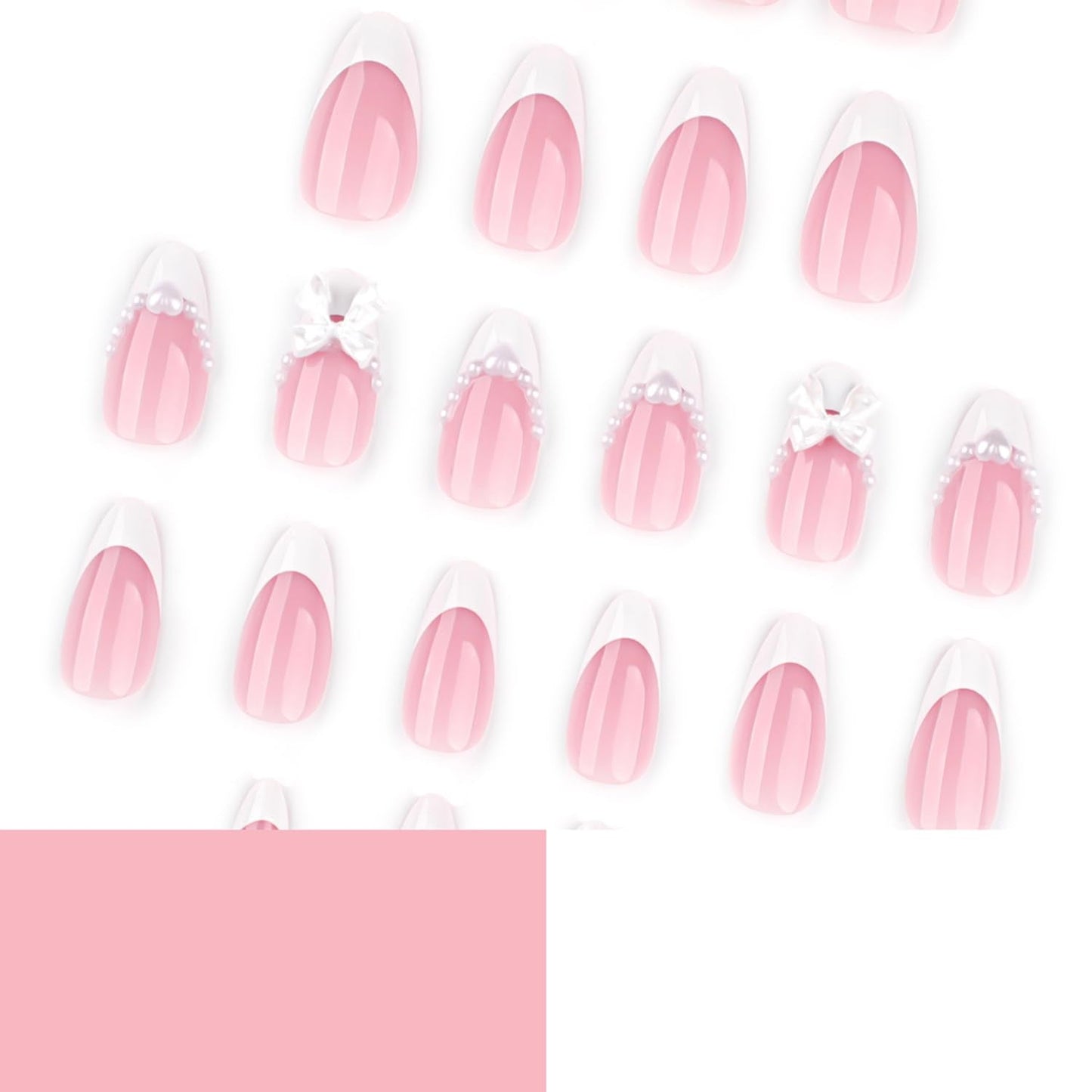 24Pcs White French Tip Press on Nails Medium Fake Nails with Cute Bow Pearl Charms Design,White French Press on Pink Stick on Nail Almond Shaped Acrylic Nail Heart Nails Cute False Nail for Women
