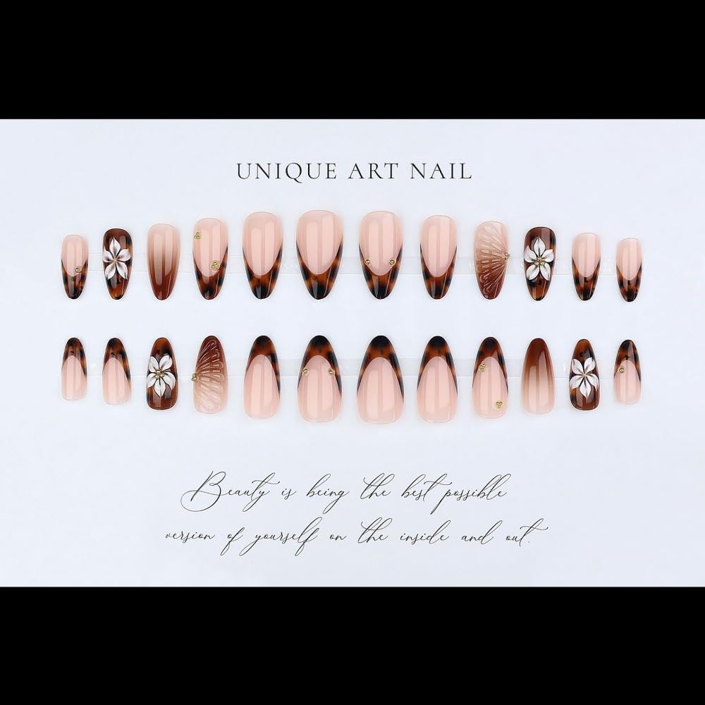 Almond Press on Nails Medium Glue on Nail with 5D Rhinestones Flower Charm Design Glossy Tortoise Shell French Tips Acrylic Nails Ombre Brown Fake Nails Fall Winter Nail for Women Manicure 24Pcs