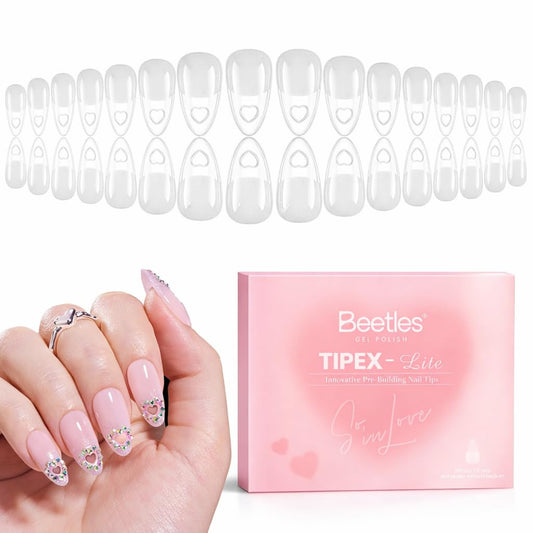 Beetles Tipex Lite Heart Cutout Nail Tips, Pre-Built Instant Apex Almond Medium, 16 Sizes 256pcs, Flat Nail Friendly Acrylic Tips, Easy DIY for Beginners
