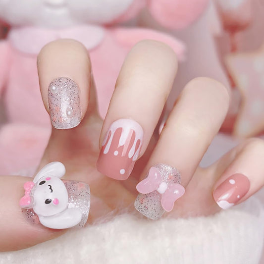 Cute Press on Nails Medium Square Cartoon Fake Nails with Gems Charms Cute Acrylic Nails Supply Cartoon Aarylic Nails for Women 24pcs