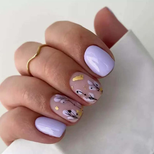 24Pcs Square Press On Nails Short Fake Nails With Gold Leaf Tree Designs Purple False Nails Acrylic Artificial Spring Summer Stick On Nail Glossy Nails Press Ons Nude Glue On Nail For Women