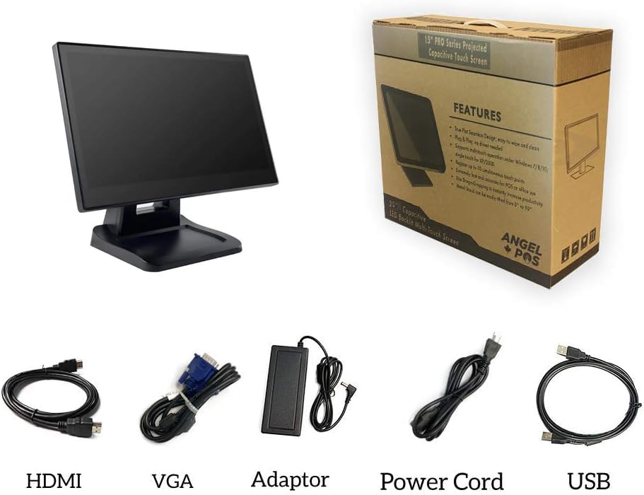 ANGEL POS 15.6 Inch 1920 x 1080 FHD IPS Touchscreen POS Monitor with Metal Stand, 10 Points Touch HDMI VGA, Waterproof Dustproof Screen 1080P, Indusitrial, Office, Retail, Gym, Warehouse (Black)