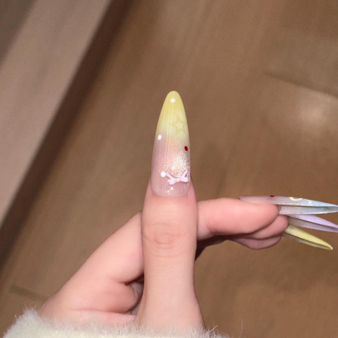 Dreamy Pastel Ombre Press On Nails, Star & Bow Embellished Extra Long Stiletto Fake Nails, Reusable Manicure Set (S)
