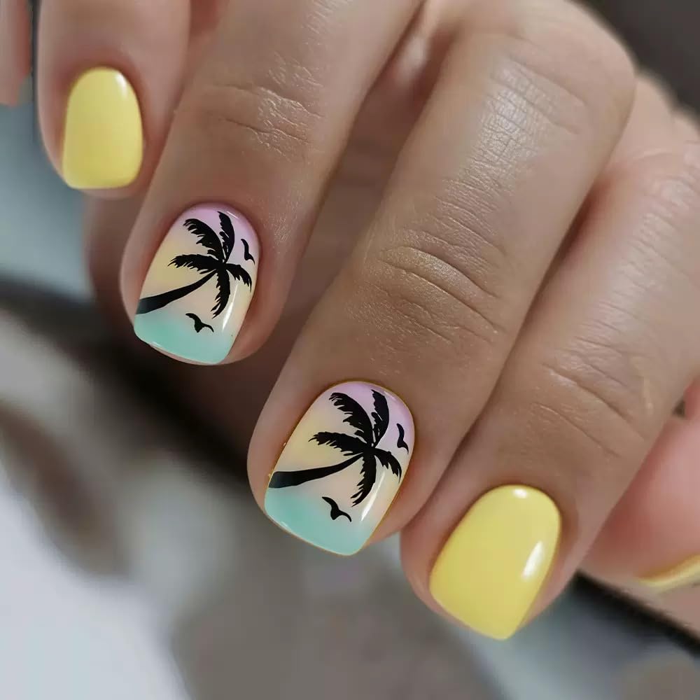 144 Pcs Summer Press on Nails - Almond, Square Press on Nails Short - Starfish, Coconut Tree Design Fake Nails for Women - 6 Packs