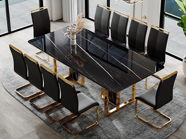 JUFU Dining Table Set for 10, 79'' Dining Table for 8-10 People with Faux Marble Tabletop and Sturdy Leg, White Rectangle Dining Room Table Set for 10 with Black PU Chairs, Perfect for Dining Room