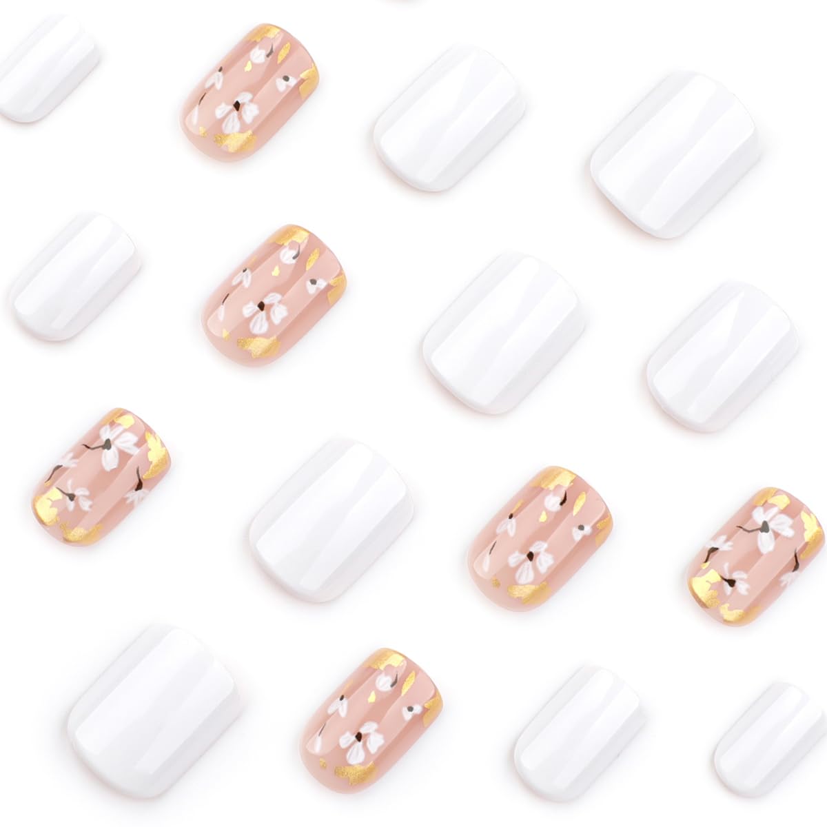 Mivota Fall Short Press on Nails Square, White and gold Fake Nails, Delicate Gold Foil Flower Designs, with a Few Nude Nails Featuring, Glossy Finish Acrylic Nails, Reusable Glue on Nails Kit