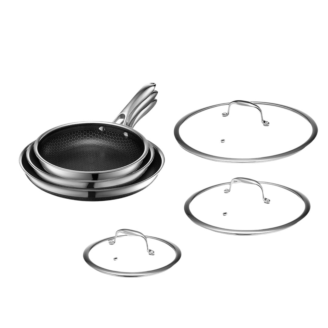 HexClad Hybrid Nonstick 6-Piece Fry Pan Set, 8, 10, and 12-Inch Frying Pans with Tempered Glass Lids, Stay-Cool Handles, Dishwasher-Friendly, Induction Ready, Compatible with All Cooktops