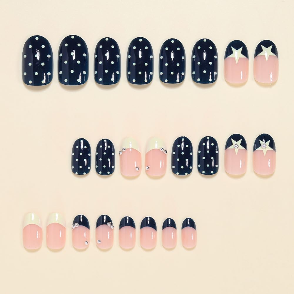 Yellow Polka Dot Press on Nails Medium Almond Fake Nails Star False Nails French Tips Nail Press ons with Rhinestones Glue on Nail Blue Full Cover Acrylic Nail Press ons for Women Manicure 24pcs