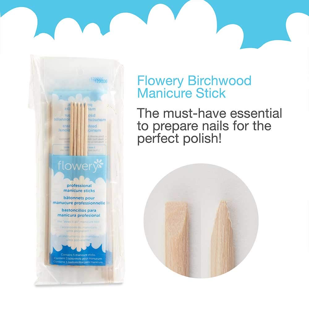 Flowery Birchwood Manicure Sticks, Multi Functional Nail Grooming Wooden Cuticle Pusher, Remover Nail Sticks for Manicure, 6 inches, 5pcs per pack