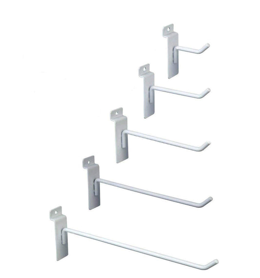 Only Hangers Commercial Grade White Slatwall Hooks - Combo Pack of 25 Assorted Size Peg Hooks for Slatwall - (5) of Each 2",4",6", 8" and 10" Hooks