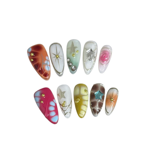 10Pcs Medium Almond Handmade Press On Nails | Easy Apply & Remove, Reusable Salon Quality Nails | Y2K Punk Multicolor Fake Nails with 3D Floral, Star & Gold Bead Accents(5U01, XS)