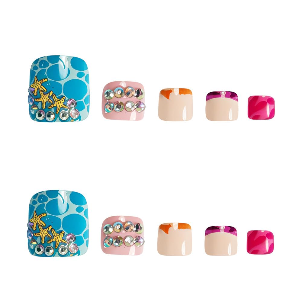 Summer Press on Toenails Sea Waves Fake Toe Nails Cute Ocean Acrylic Toenails with Gold Starfish Pearl Designs Beach Blue Artificial False Toe Nails for Women Girls Manicure Deco 24Pcs
