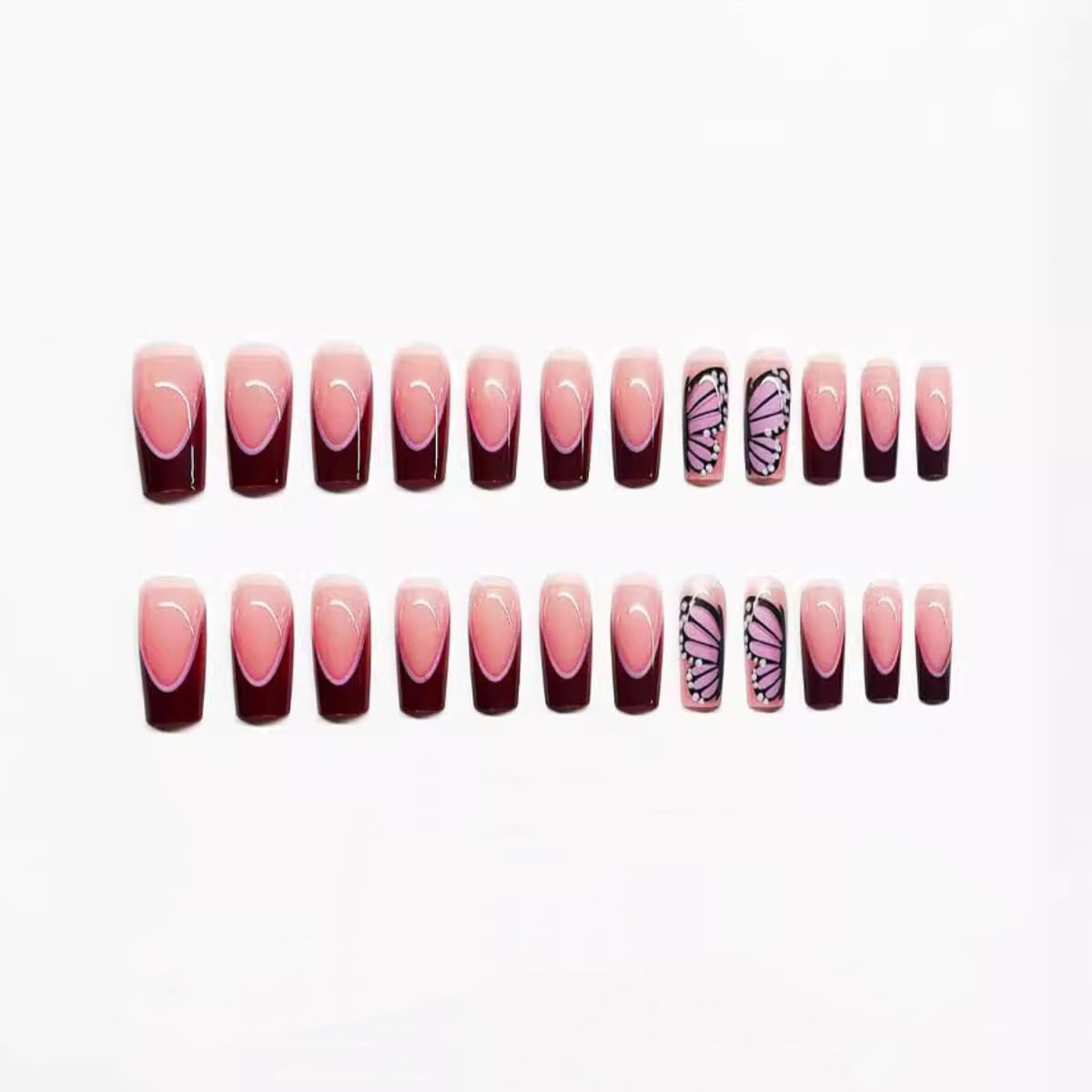 CTTHNBD 48Pcs Medium Square & Press on Toenails Set, Red French Tip Press on Nails with Butterfly Design, Reusable Acrylic False Nails for Women