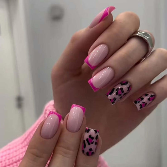 24 Pcs Hot Pink Press on Nails Medium Square Leopard French Fake Nails Press ons Nail Tips, LINMEIZAI Glossy Stick on Nails Acrylic Nail Kit with French Y2K Style Design False Nails Nail Art for Women