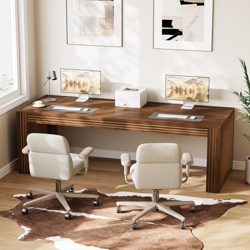 LITTLE TREE 78.7-Inch Two Person Desk, Double Monitor Office Desk for 2 Person, Large Executive Wood Desks Conference Table, Home Office Dark Brown