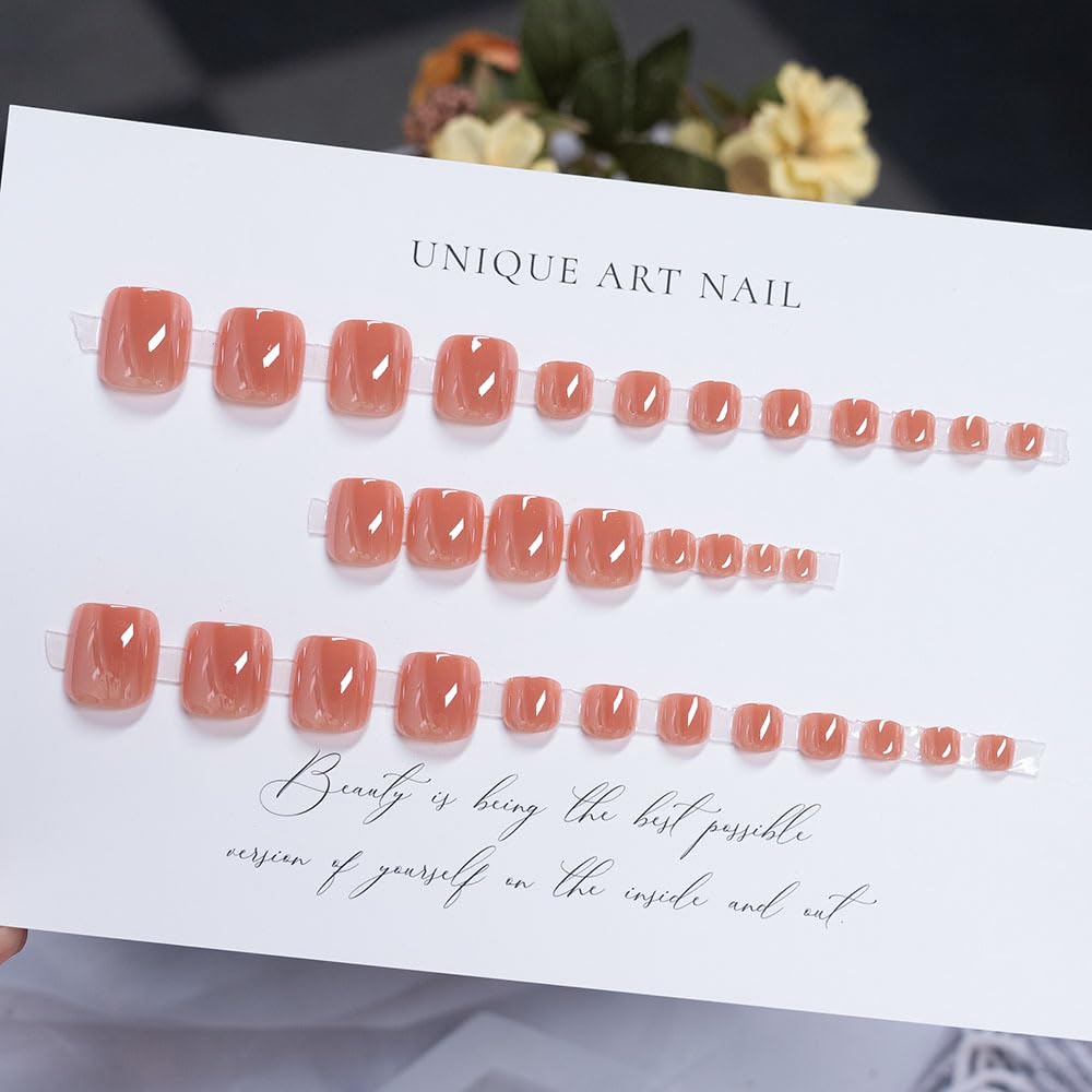 32Pcs Chrome Press on Toenails Short Square Fake Toe Nails Nude Pink Solid Color False Toe Nails Glossy Shiny Mirror Acrylic Toenails Cute Reusable Full Cover Glue on Toe Nail for Women Manicure