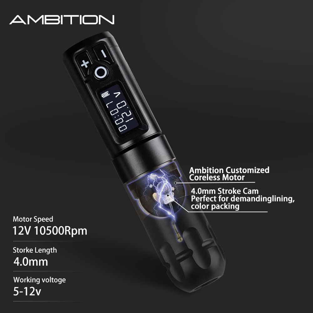 Ambition Soldier Rotary Battery Pen Tattoo Cartridge Machine with 2400mAh Power Japan Coreless Motor Digital LED Display Tattoo Equipment Supply for Professionals and Beginners Tattoo Artists