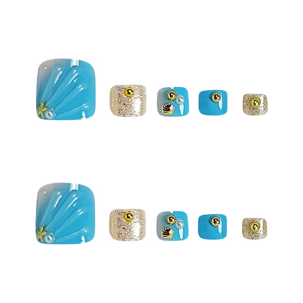 Summer Press on Toenails Beach 3D Waves Fake Toe Nails Cute Ocean Acrylic Toenails with Gold Shell Pearl Designs Glossy Blue Artificial False Toe Nails for Women Girls Manicure Deco 24Pcs