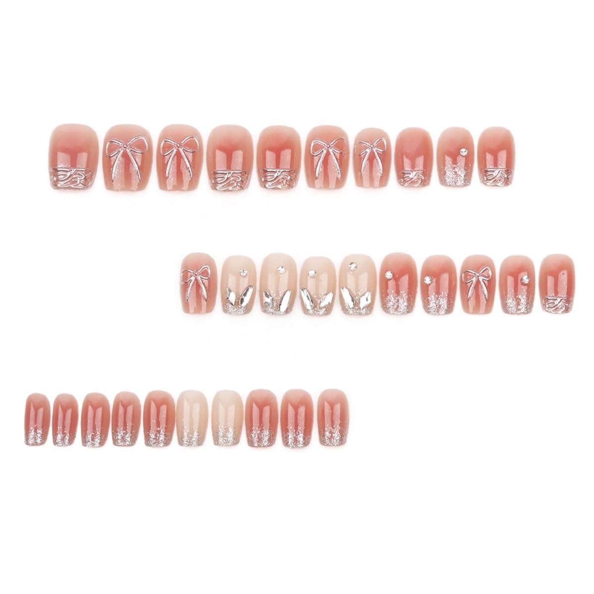 CTTHNBD Press on Nails Short - Square Fake Nails with Silver Bow Design - Glitter, Nude False Nails Press ons - for Women 24 Pcs