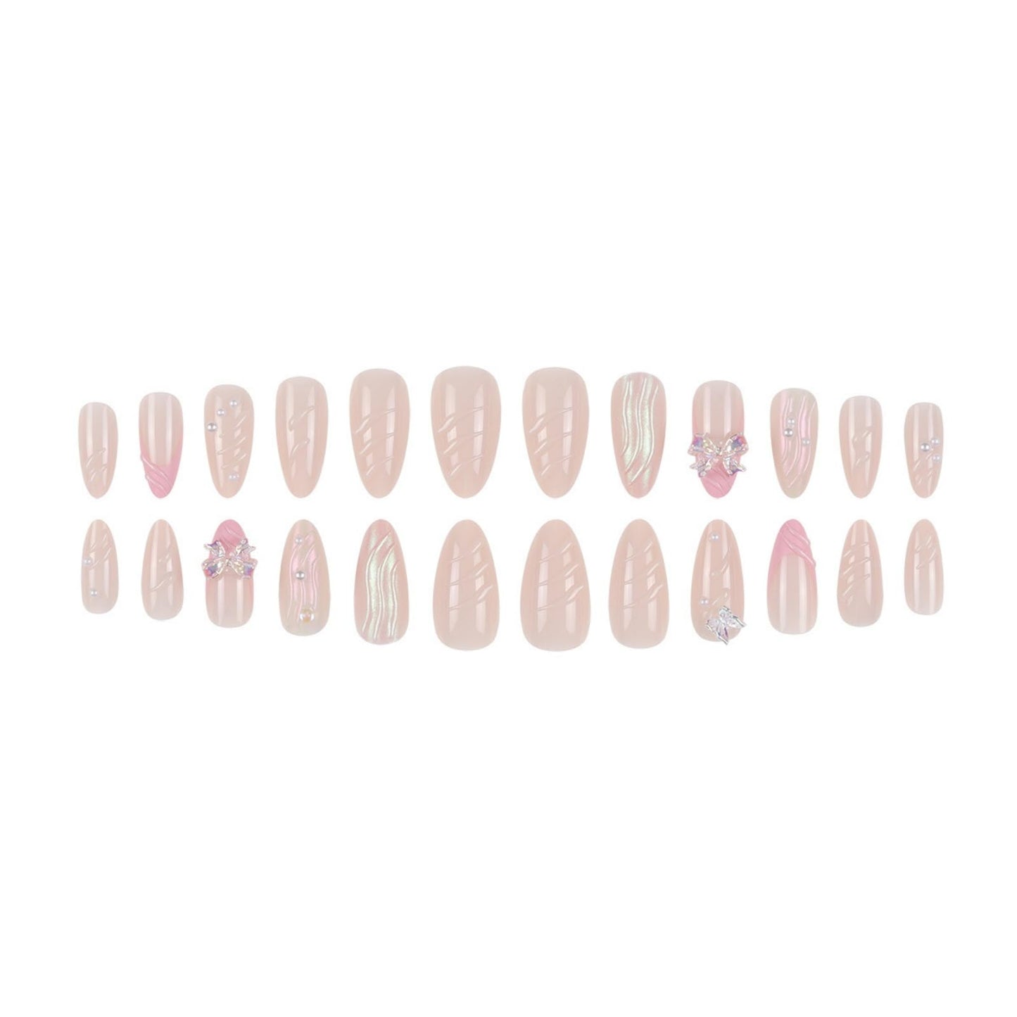 Medium Press on Nails Almond Fake Nails Pink False Nails French Artificial Nails Nude Cute Nails with 3D Bow and Pearl Designs Sparkly Stick on Nails for Women 24pcs