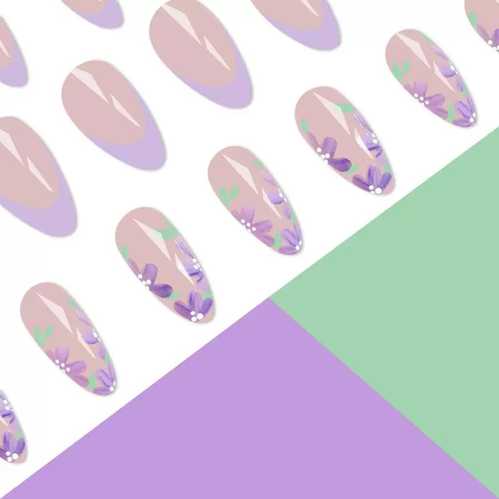 CTTHNBD Short Press on Nails Almond - Purple Fake Nails with Flower Design - Spring, French Tip False Nails - for Women 24 Pcs
