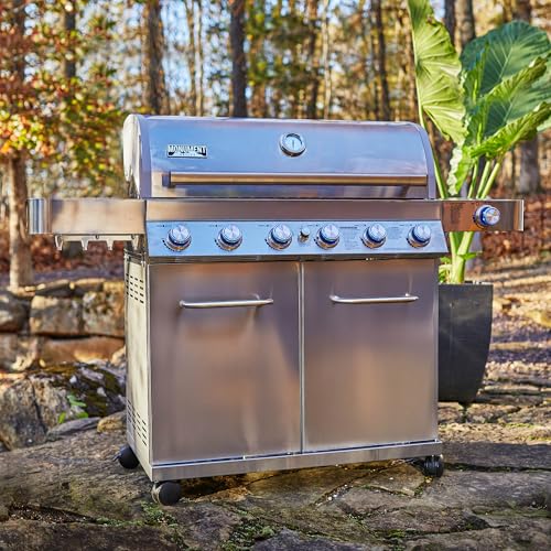 Monument Grills 6 Burner 640 sq.in. Stainless Steel Propane Gas Grill with a Rotisserie Kit, a Side Burner, a Built-In Thermometer, Large Cabinet Style Grill
