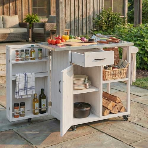 Merax 40.5" Outdoor Grill Cart Table with Storage Cabinet & Stainless Steel Top, Fir Wood Outdoor Kitchen Island on Lockable Wheels, Built-in Towel & Spice Racks for Patio BBQ Food Prep, White