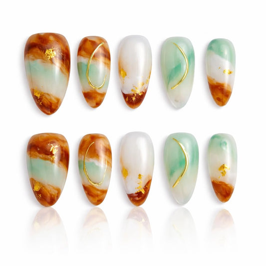 IntoVibes 10 Pieces Handmade Press On Nails Medium Almond, Green And WhiteThickened False Nails With Gold Thread Embellishment, Reusable Fake Nails Almond, Reusable Acrylic Nails (M)