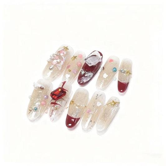 Handmade Press On Nails, Almond Shape, Christmas Design,3D Handmade Press on Nails with Almond Fake Nails French Nails Press on,Nails for Daily Wear