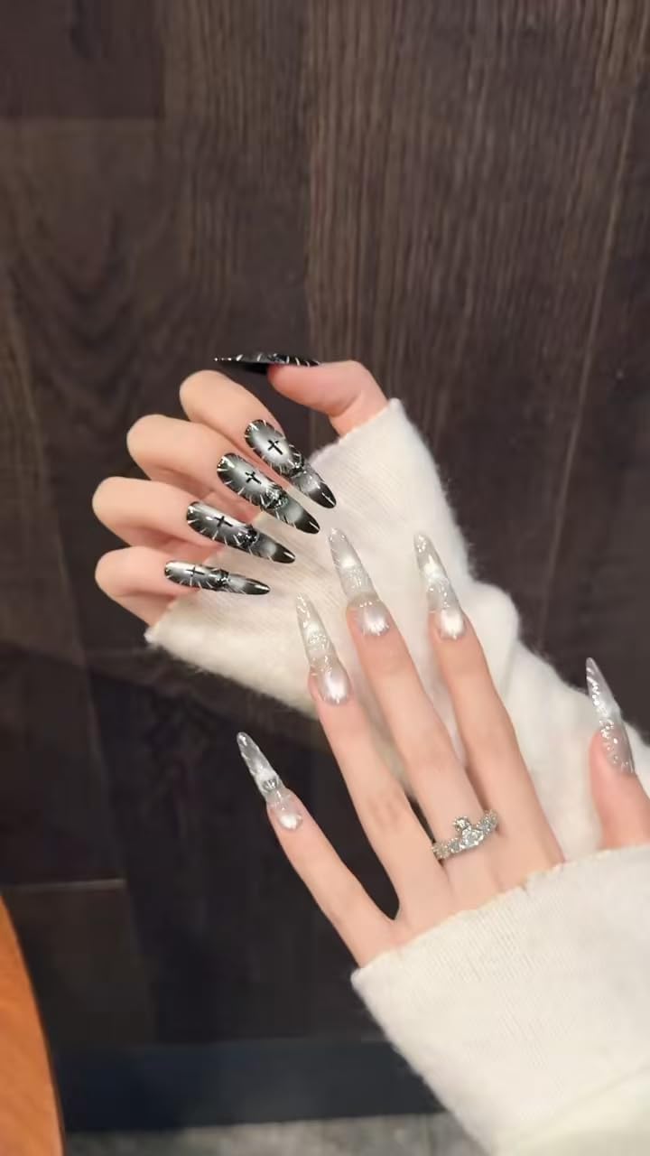 Gothic Fake Nails Set | Stiletto Almond Fake Nails with Silver Crackle & Black Gradient | Long Press on Nails for Women | Dark Aesthetic Nail Art (S)