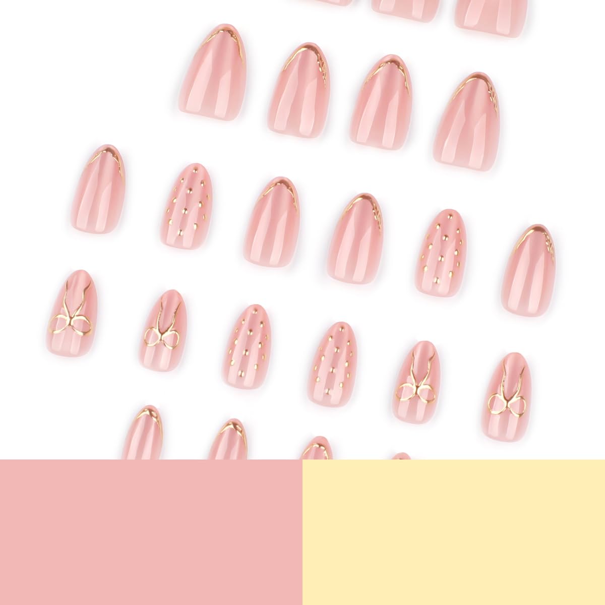 Nude Press on Nails Short Almond Fake Nails Cute Nails Press ons with Gold Bow,Polka Dots Design Reusable Artificial Nail Full Cover Stick on Nails for Women Manicure 24Pcs