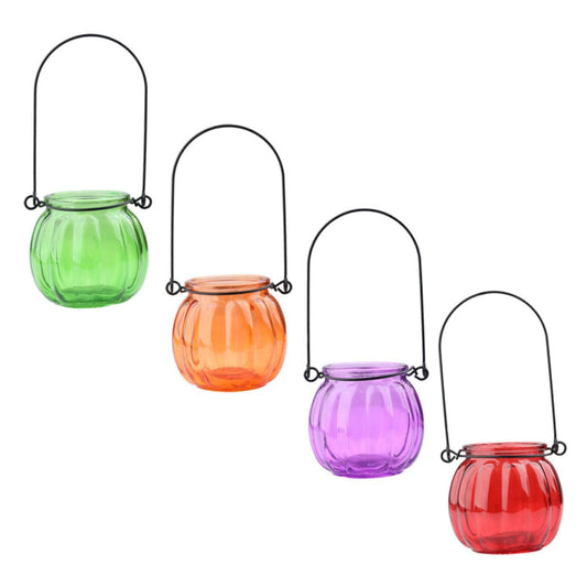 DOITOOL 4pcs Glass Pumpkin Hanging Vases with Handle, Colored Hydroponic Glass Flower Pots for Home Décor, Hanging Terrarium Containers for Plant Arrangement in Orange, Green, Purple,