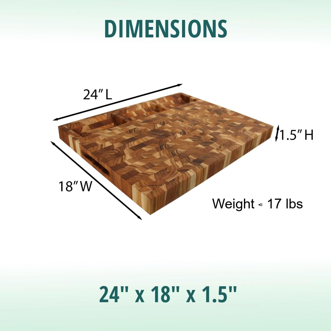EcoDecors FSC Certified Solid Teak Wood Cutting Board 24x18, Large End Grain Butcher Block with Juice Groove, Side Handles, Charcuterie Slots, Reversible