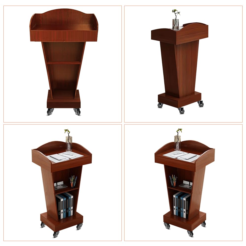 BGEDL Wooden Podium with 4 Lockable Wheels, Steady Floor Standing Speaking Lectern Stand, Portable Podium Stand Reception Desk, Wood Rolling Lecture Podium Pulpit for Churches Classrooms Speeches