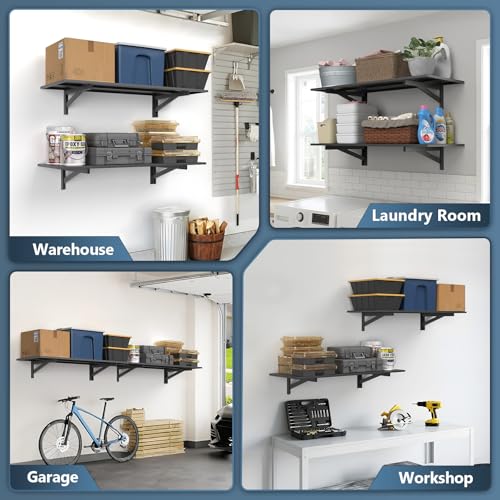 Jusgym 2 Pack Heavy Duty Garage Wall Shelving (1.5x4ft), 700lbs Capacity Garage Shelving Wall Mounted, 18"x96"Garage Storage Rack Floating Shelves, Black