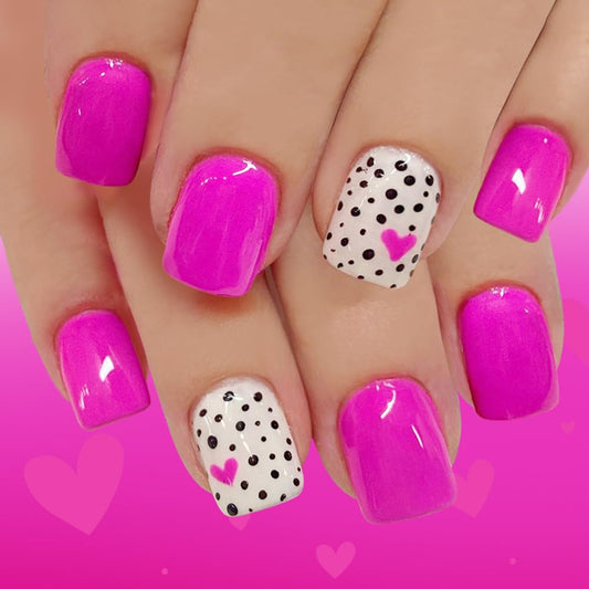 Valentine’s Day Press on Nails Short Square Fake Nails with Rose Red Heart Black Polka Dots Designs Pink Nails Press ons Glossy Glue on Nail Acrylic Nails Full Cover Stick on Nail for Women 24Pcs